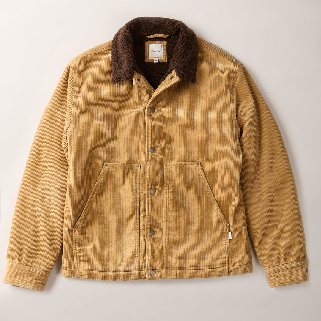 Pladra Men's Ironwood Sherpa Jacket in Acorn Tan with brown fleece collar, button front, and two front pockets.