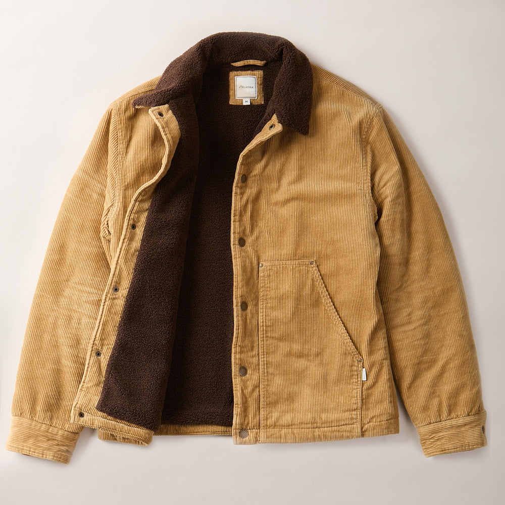 Pladra Men's Ironwood Sherpa Jacket in Acorn Tan with brown sherpa lining, snap buttons, and angled front pockets.