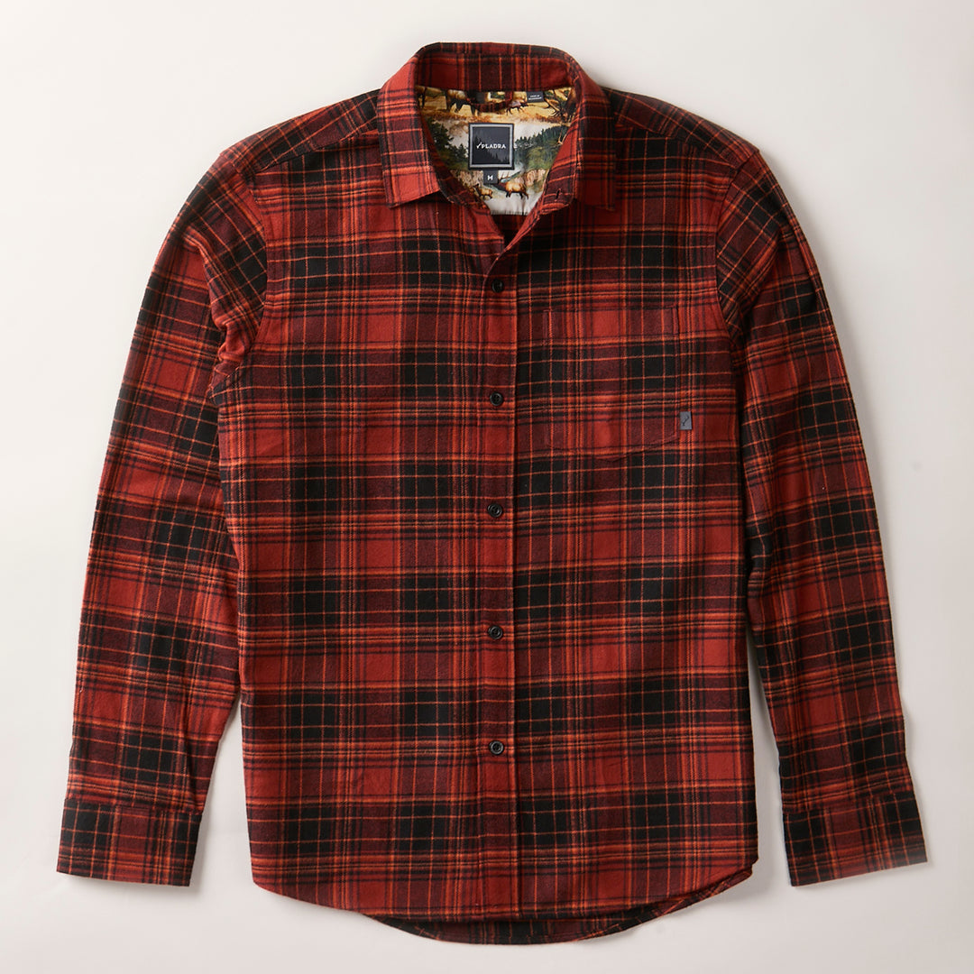 The Men's Every Day Flannel Shirt- Autumn Red features a red and black plaid design, long sleeves, a collar, and front buttons. Shown laid flat on a light background, it's perfect for cooler outdoor days.