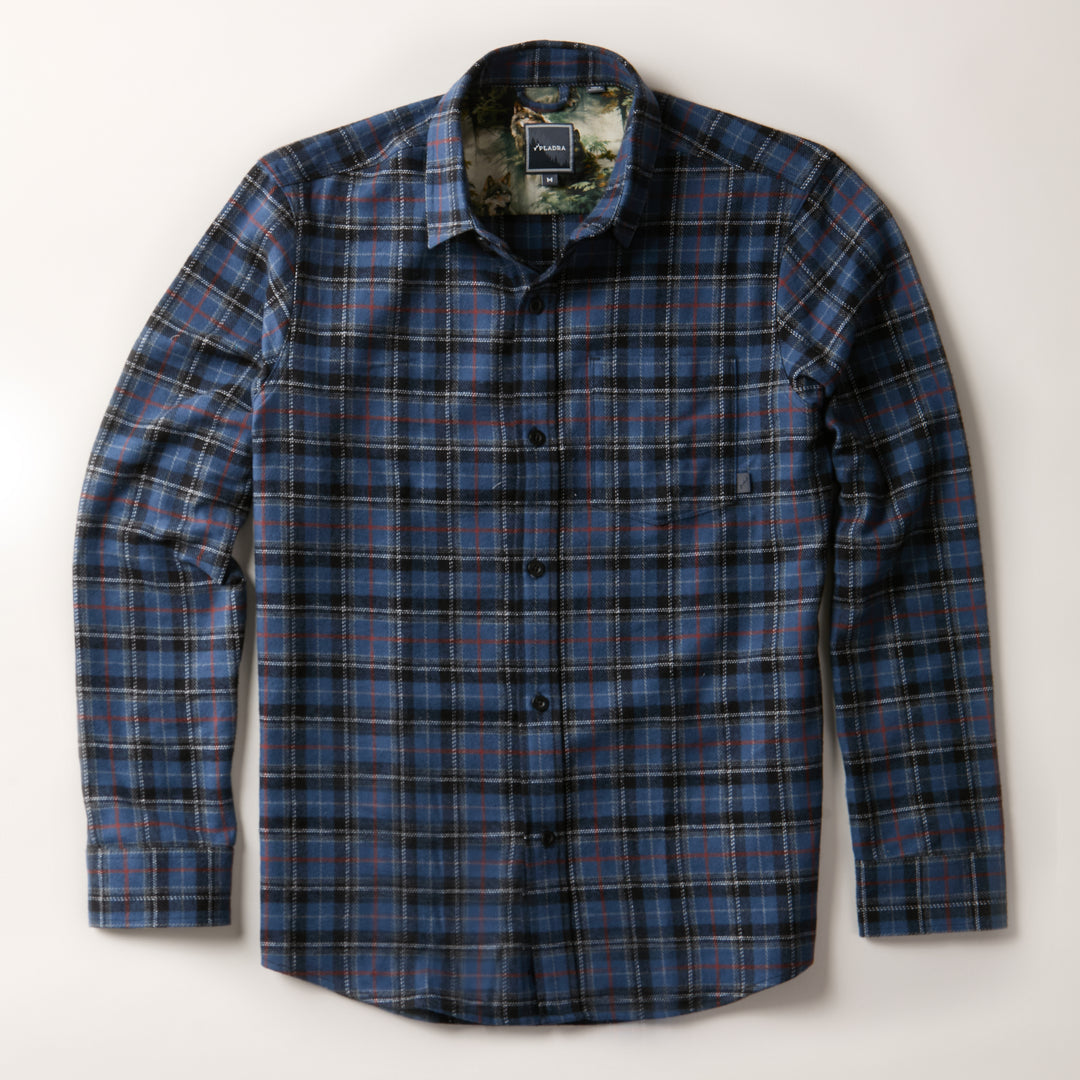 Pladra Men's Every Day Elite Flannel Shirt in Bellevue Blue, long-sleeved, shown flat on a light background.