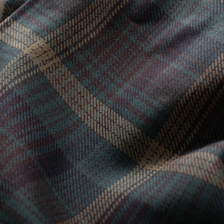 Close-up of Pladra Men’s Workhorse Elite Flannel Shirt in Birch Brown, highlighting heavyweight cotton texture and plaid.