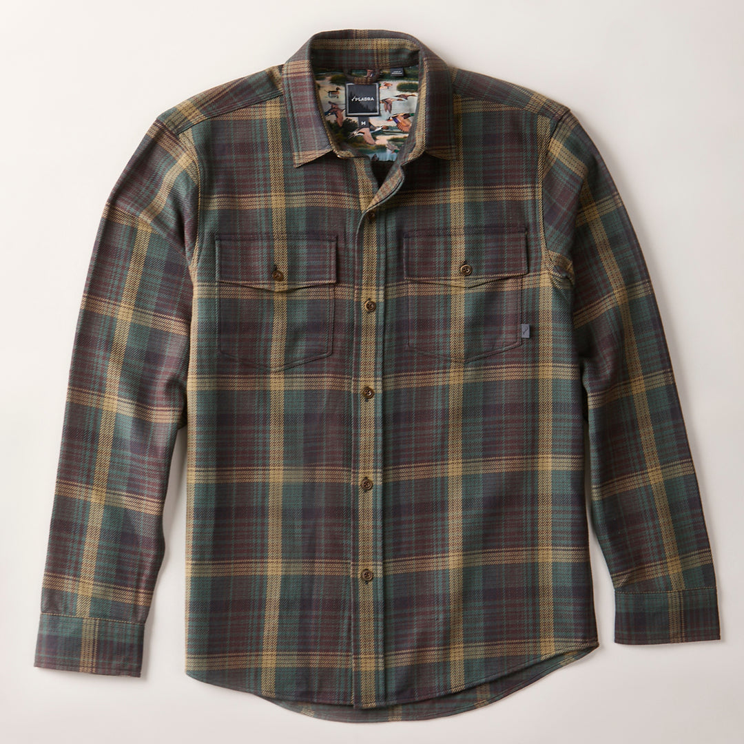 Pladra Men's Workhorse Elite Flannel Shirt in Birch Brown, heavyweight cotton with two chest pockets, shown laid flat.