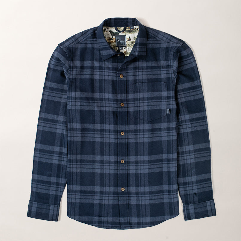 Pladra Men’s Every Day Flannel Shirt—Cloud Blue, long sleeves, chest pocket, floral collar detail.