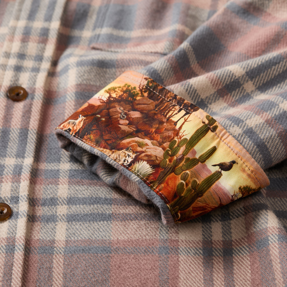 Pladra Men's Every Day Elite Flannel Shirt in Coral Grey with cuff revealing desert landscape lining.