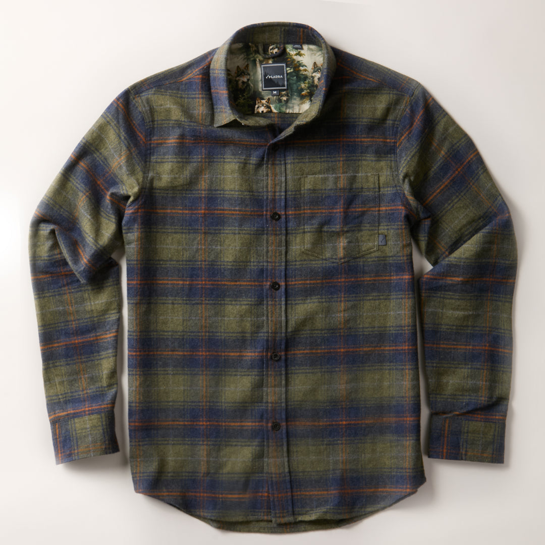 The Men's Every Day Flannel Shirt - Everett Green Heather features long sleeves, a green, blue, and orange plaid pattern, a left chest pocket, and floral inner collar detail. Laid flat on a light background.