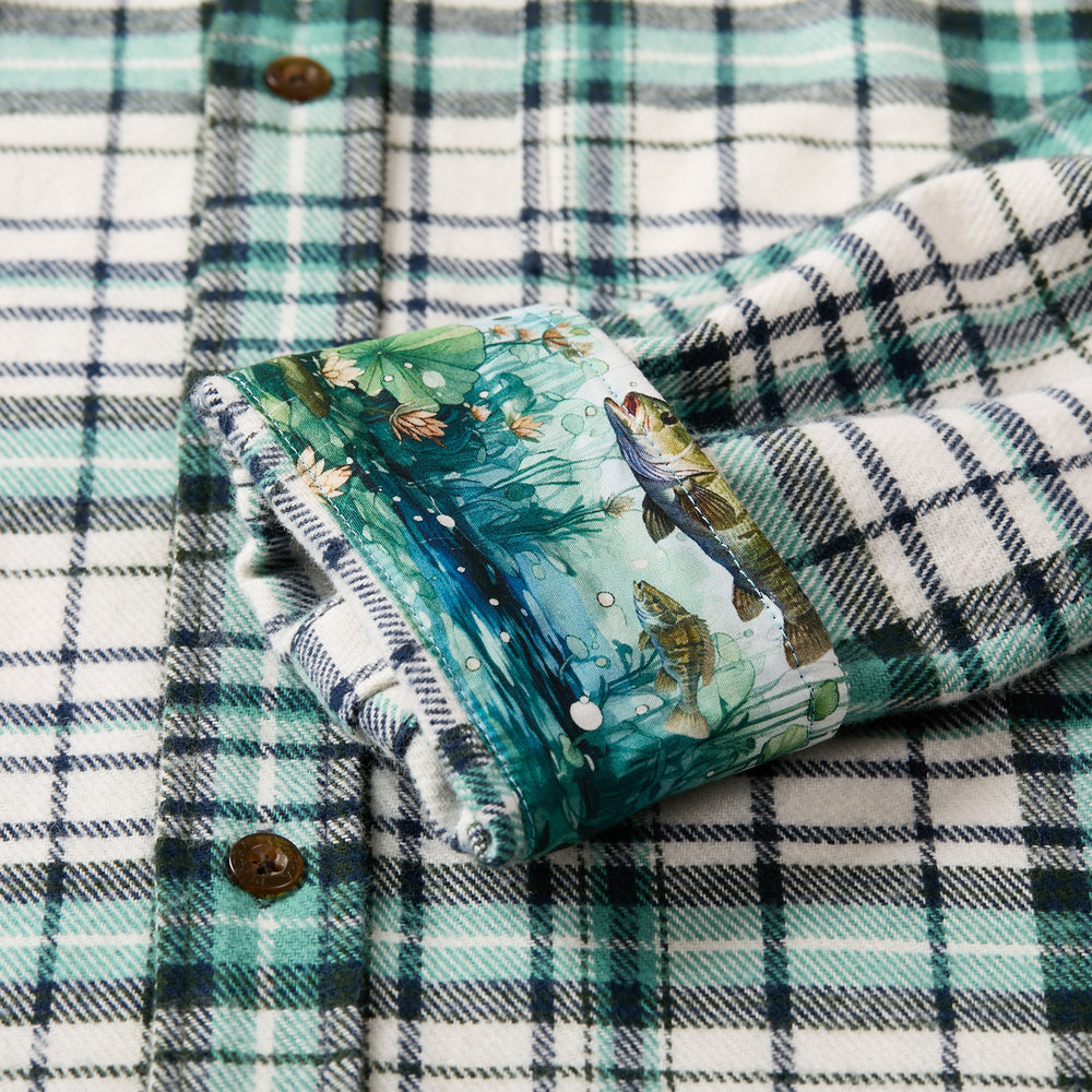 Pladra Men's Every Day Elite Flannel Shirt-Everglade White: heavyweight flannel, cuff with fish and water-themed design.