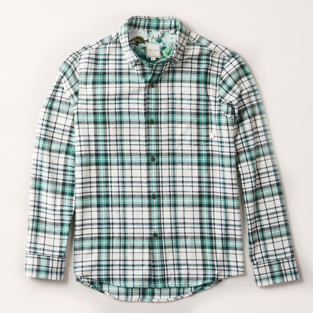 Pladra Men's Every Day Elite Flannel Shirt in Everglade White plaid laid flat on a light background.
