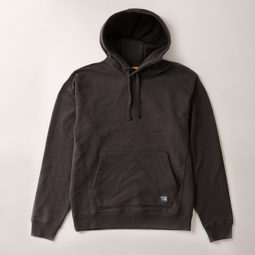 Pladra Men's Sierra Hoodie in Charcoal Black, heavyweight French terry, front pocket; shown laid flat.