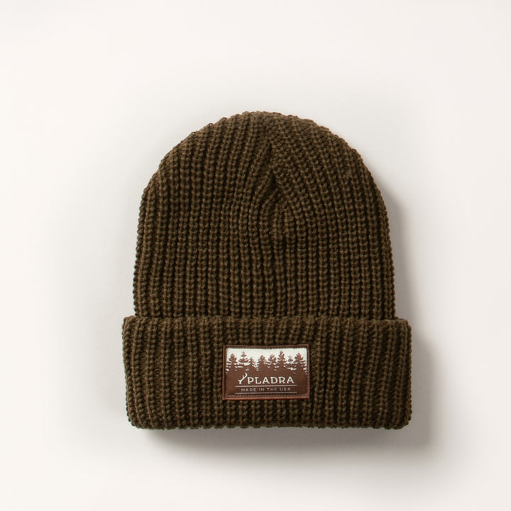 Pladra Woodsman Heavyweight Cuff Beanie in olive green with folded brim and tree patch on the front.