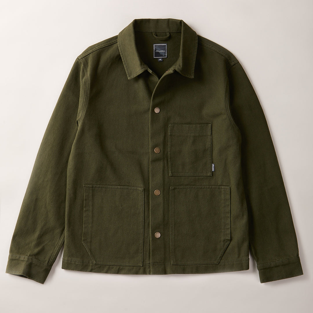 Pladra Men's Sequoia Chore Coat in hunter green with buttons, collar, and three front pockets, shown flat.