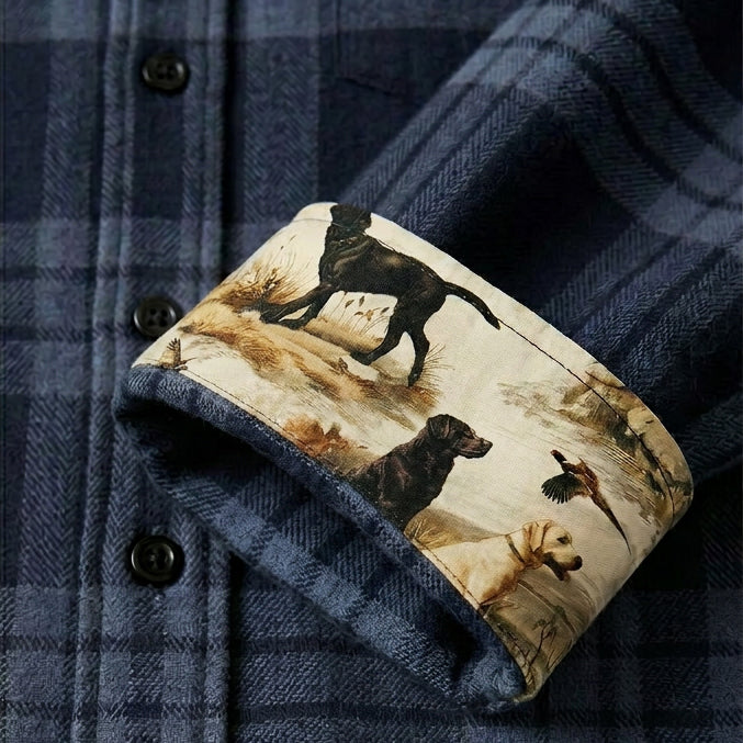 Pladra Men's Every Day Flannel Shirt-Cloud Blue; dog and duck print accents, detailed outdoor nature scene.