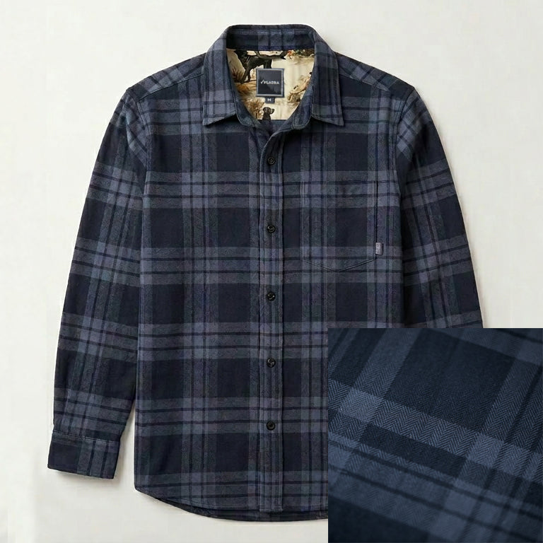 Pladra Men's Every Day Flannel Shirt in Cloud Blue, long-sleeve with detailed inset of soft cotton flannel fabric pattern.