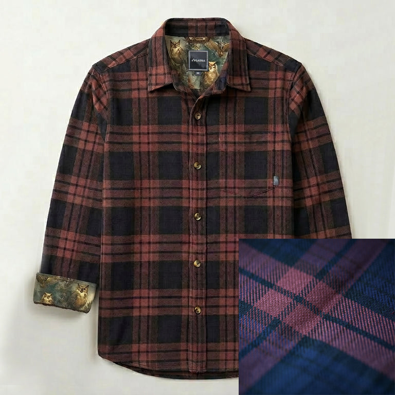 Pladra Men's Every Day Elite Flannel Shirt in Farallon Grey with cat print details, beige buttons, and plaid design.