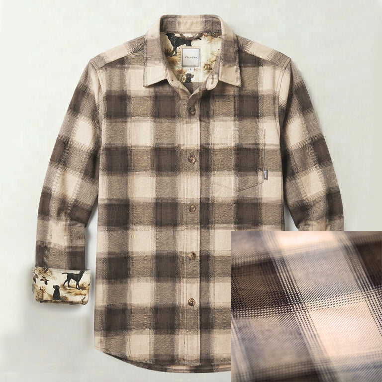 Men's Every Day Elite Flannel Shirt in Retriever Tan, a brown and beige heavyweight Portuguese flannel plaid with dog-illustration cuff lining.