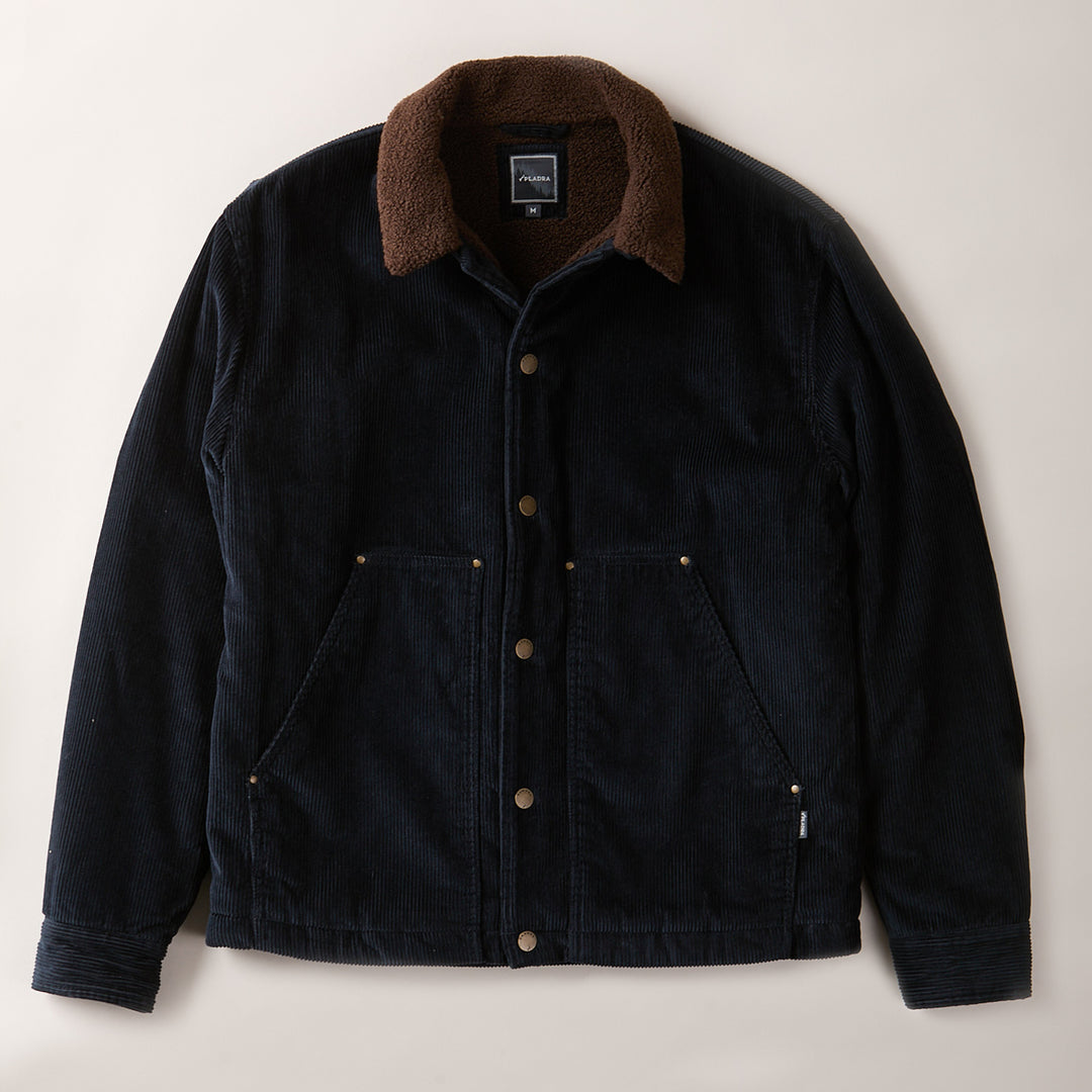The Men's Ironwood Sherpa Jacket in Midnight Blue features soft cotton corduroy, a brown sherpa collar, button front closure, and two angled front pockets, offering comfort and classic style. Laid flat on a light background.