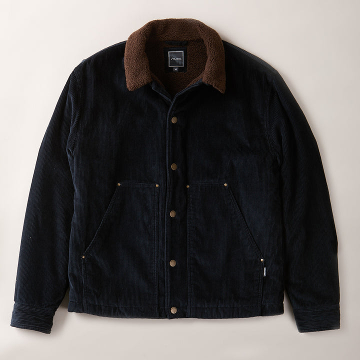 Men's Ironwood Sherpa Jacket in Midnight Blue, a cotton corduroy jacket with a brown sherpa collar, button front, and two angled pockets.