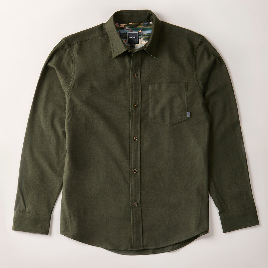 Pladra Men's Cascade Flannel Shirt in olive green, brushed Portuguese cotton, long sleeves, chest pocket shown flat.