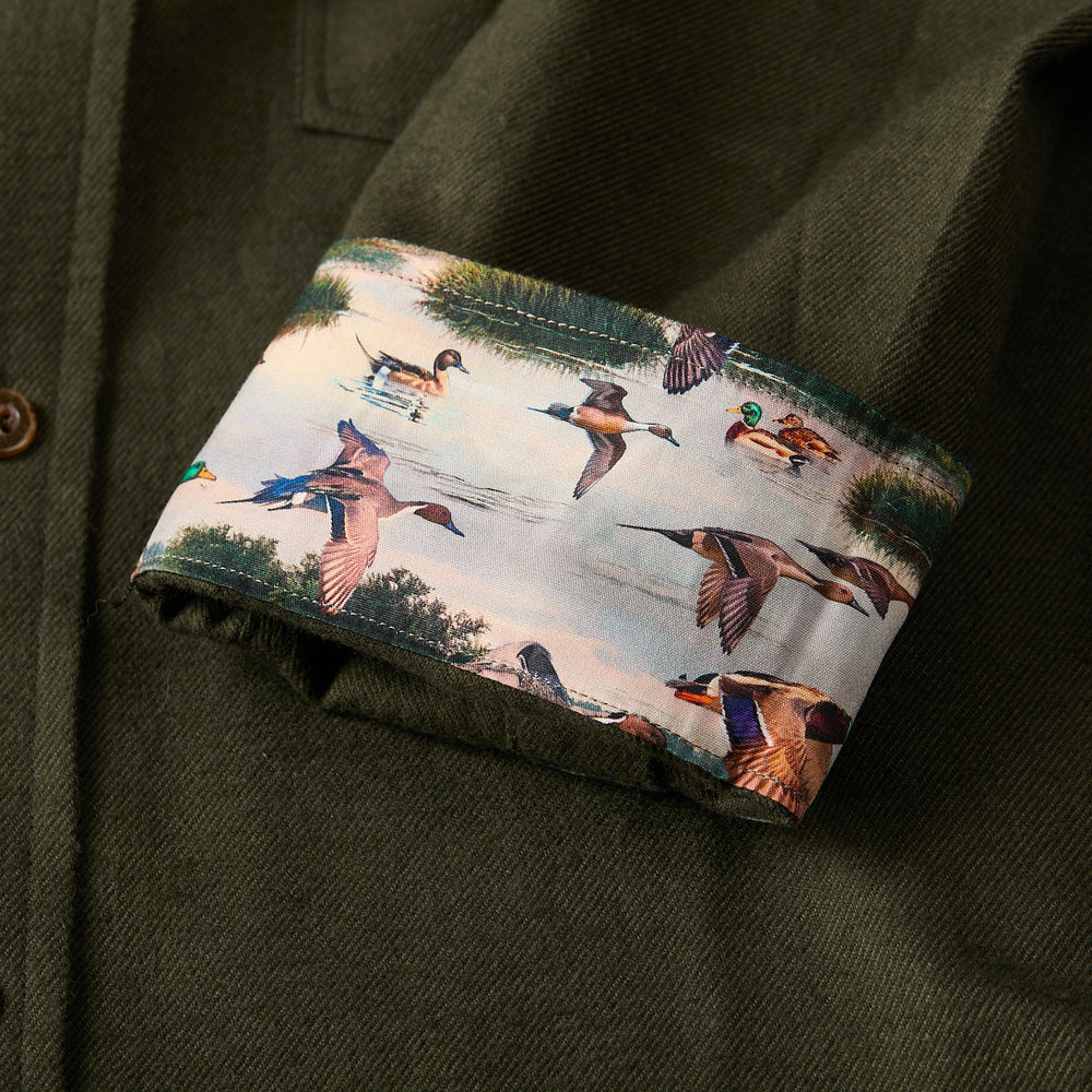 Pladra Men's Cascade Flannel Shirt in olive green features modern cut Portuguese cotton and cuffs with flying ducks.