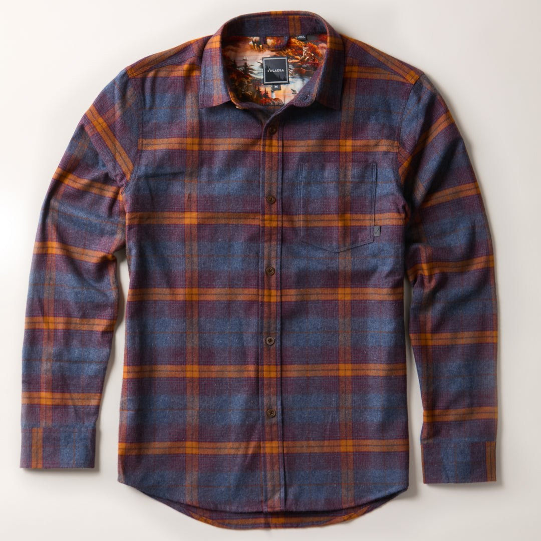 Pladra Men's Every Day Flannel Shirt in Portsmouth Blue Heather, 100% cotton, laid flat on a light background.