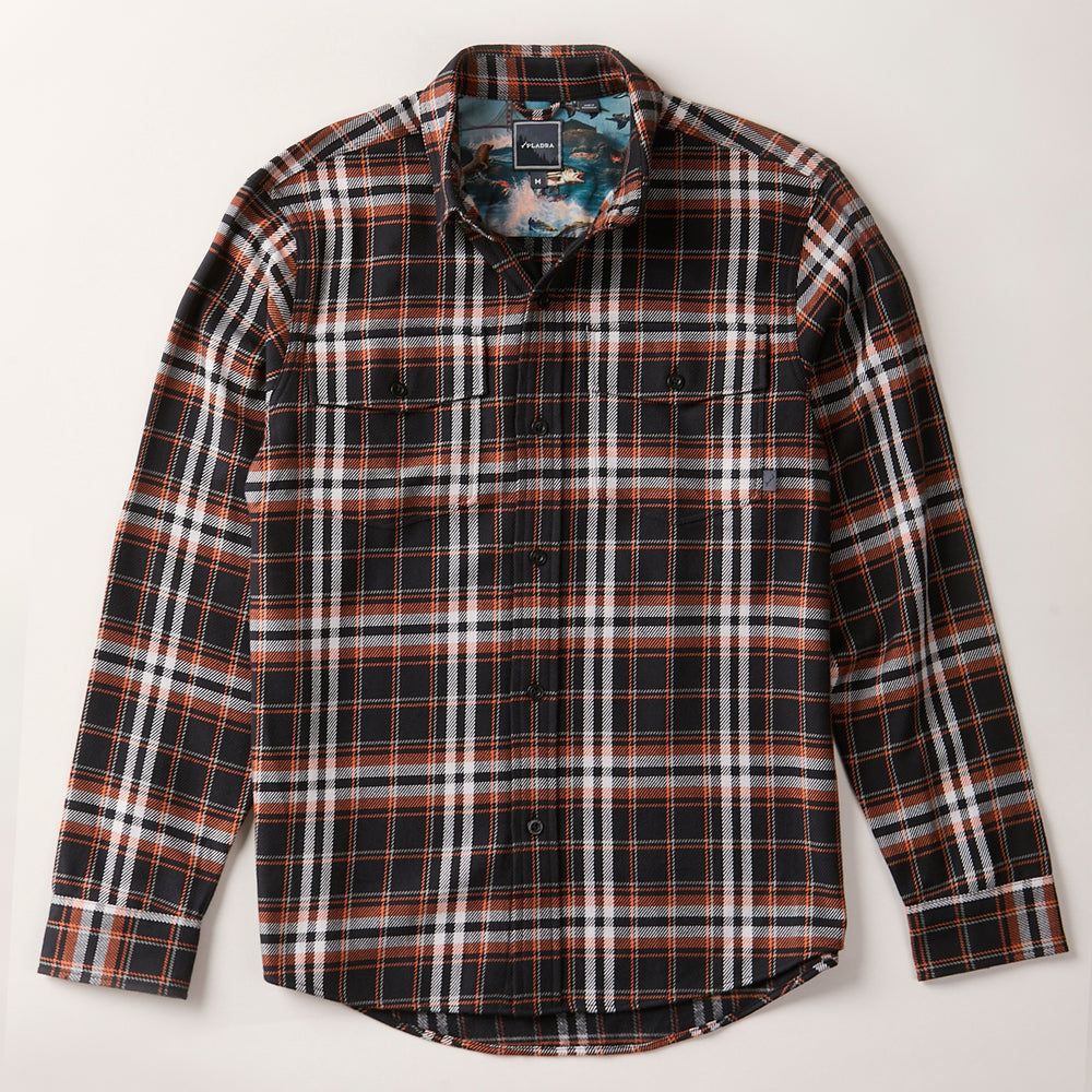 Men's Workhorse Elite Flannel Shirt in Posey Black, a heavyweight Portuguese flannel plaid in black, white, orange, and blue with two chest pockets.