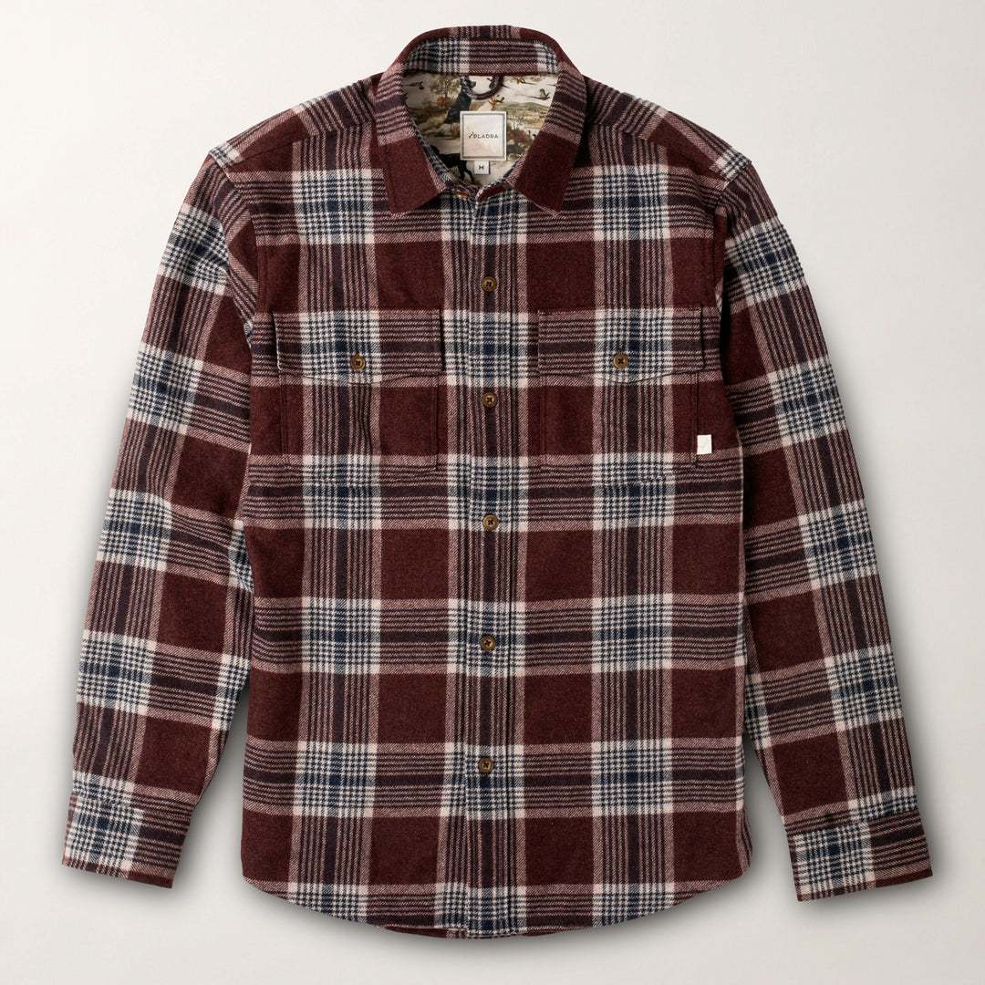 Pladra Men’s Workhorse Wool Flannel Shirt in Redwood Red plaid is displayed flat on a light background.