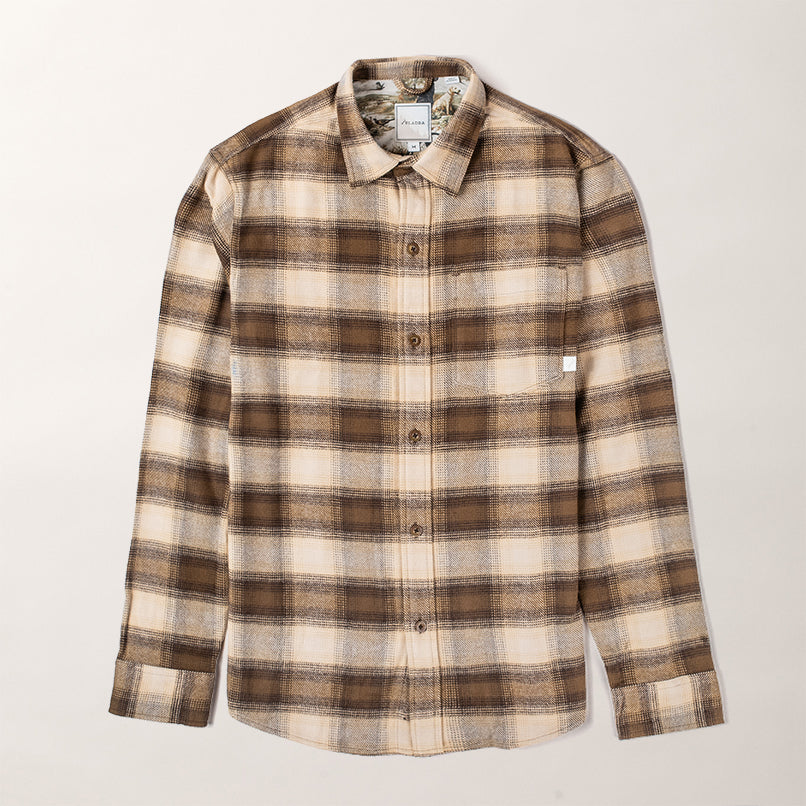 Pladra Men’s Every Day Elite Flannel Shirt in Retriever Tan plaid, long-sleeve button-up, shown laid flat.