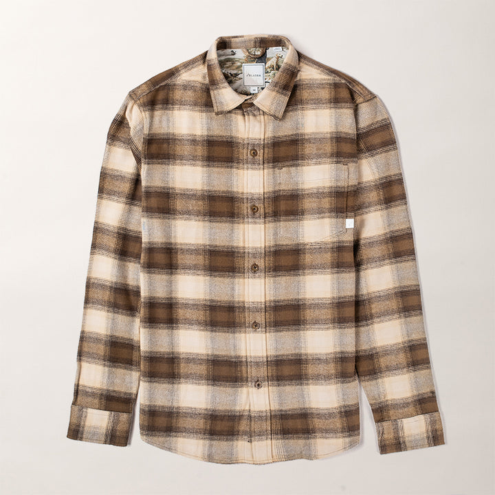 Pladra Men’s Every Day Elite Flannel Shirt in Retriever Tan plaid, long-sleeve button-up, shown laid flat.