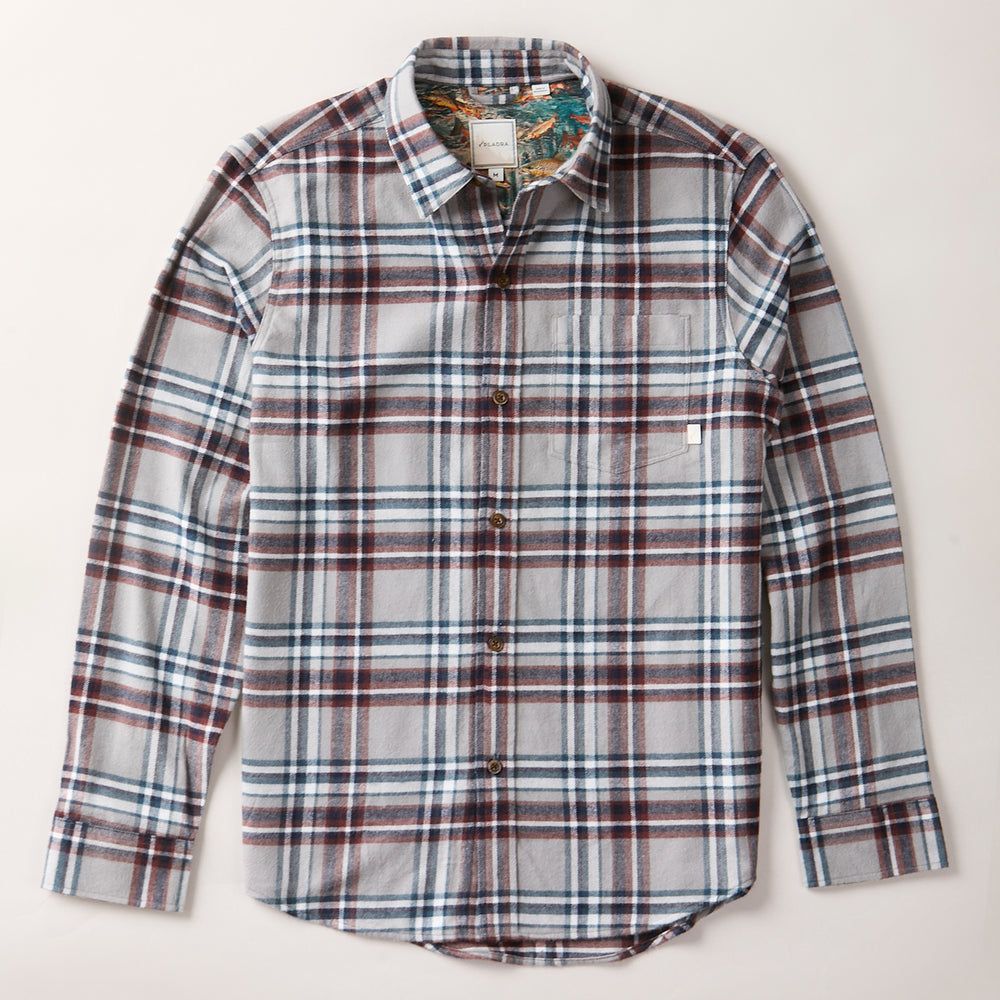 Pladra Men's Every Day Flannel Shirt in Richmond Grey, long-sleeve plaid, laid flat on a light background.