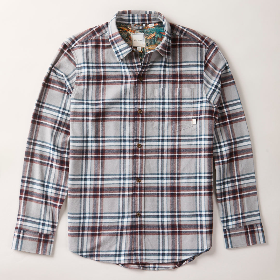 Pladra Men's Every Day Flannel Shirt in Richmond Grey, long-sleeve plaid, laid flat on a light background.