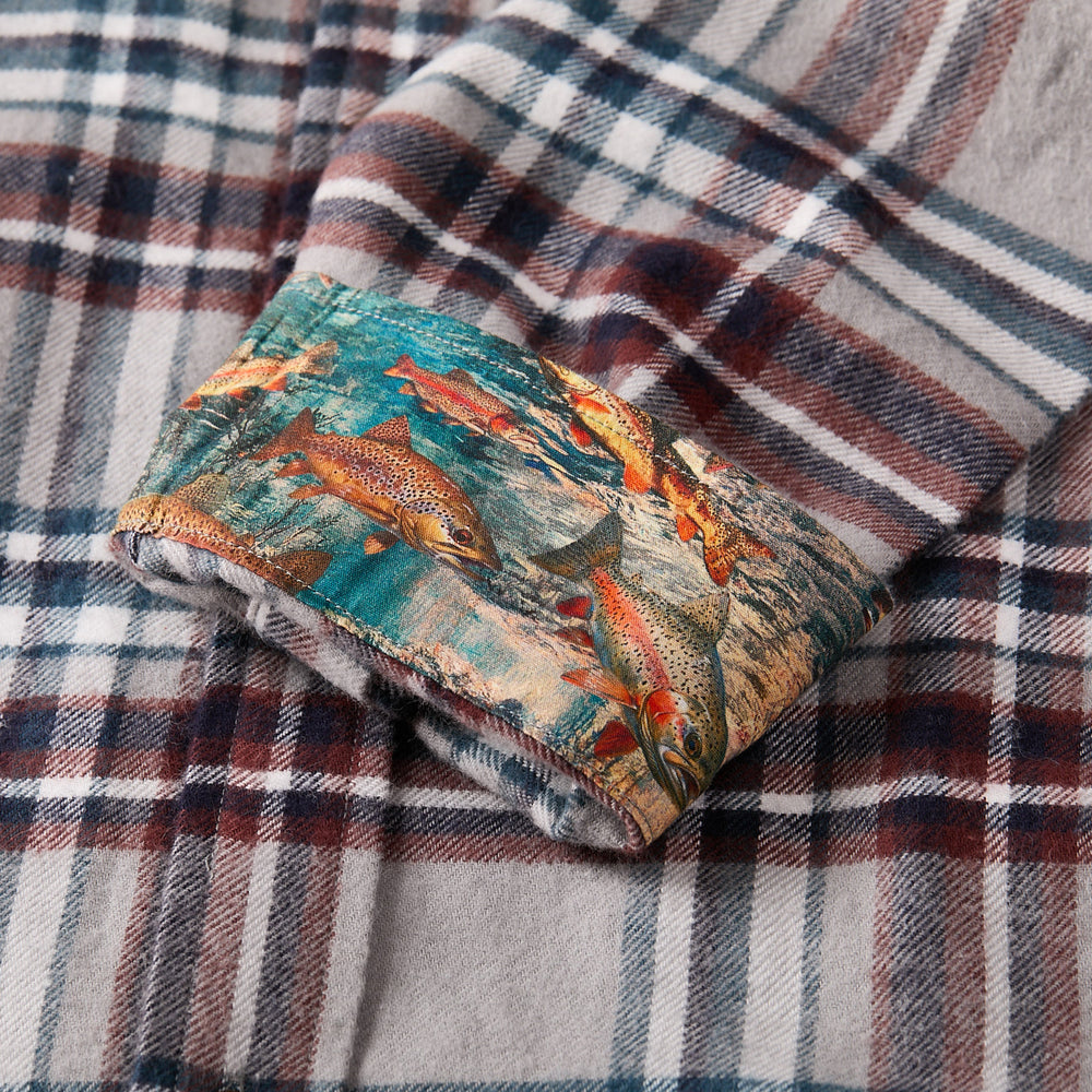 The Pladra Men's Every Day Flannel Shirt in Richmond Grey features cuffs lined with a colorful fish pattern.
