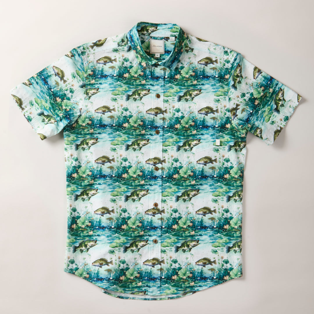 Pladra Men's S/S Printed Outdoor Aloha Shirt - Bass features green, blue, and white fish and water nature scenes.
