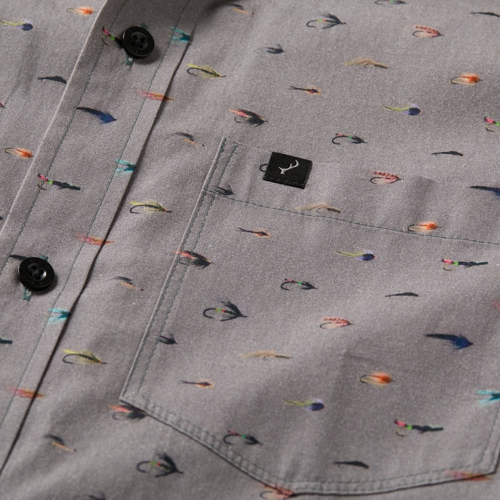 Pladra Men's S/S Printed Outdoor Aloha Shirt – Steelhead Flies: Grey cotton, pocket, flies print, black logo tag.