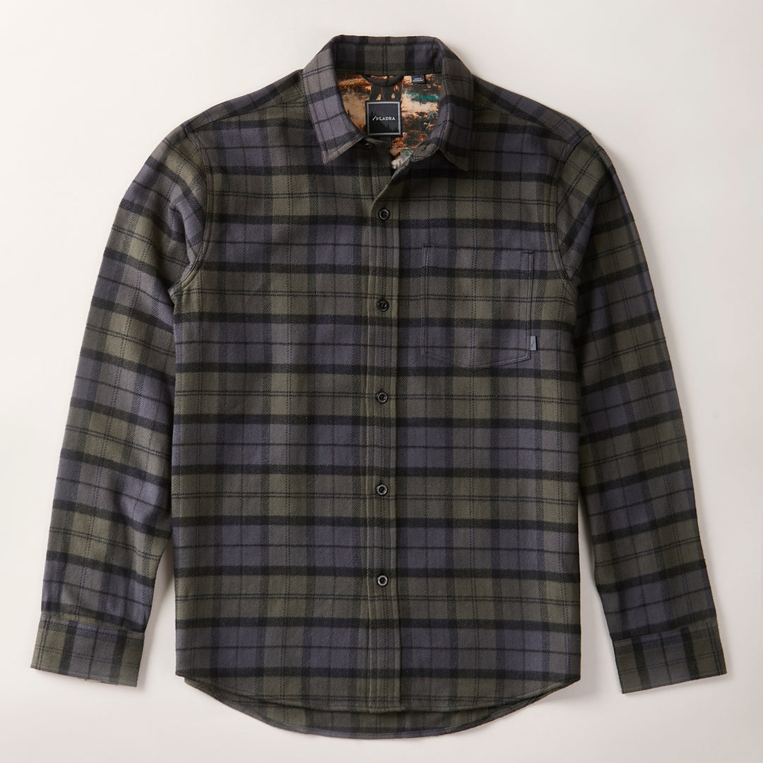 Pladra Men's Every Day Elite Flannel Shirt in Storm Black, long-sleeve, laid flat on a light background.