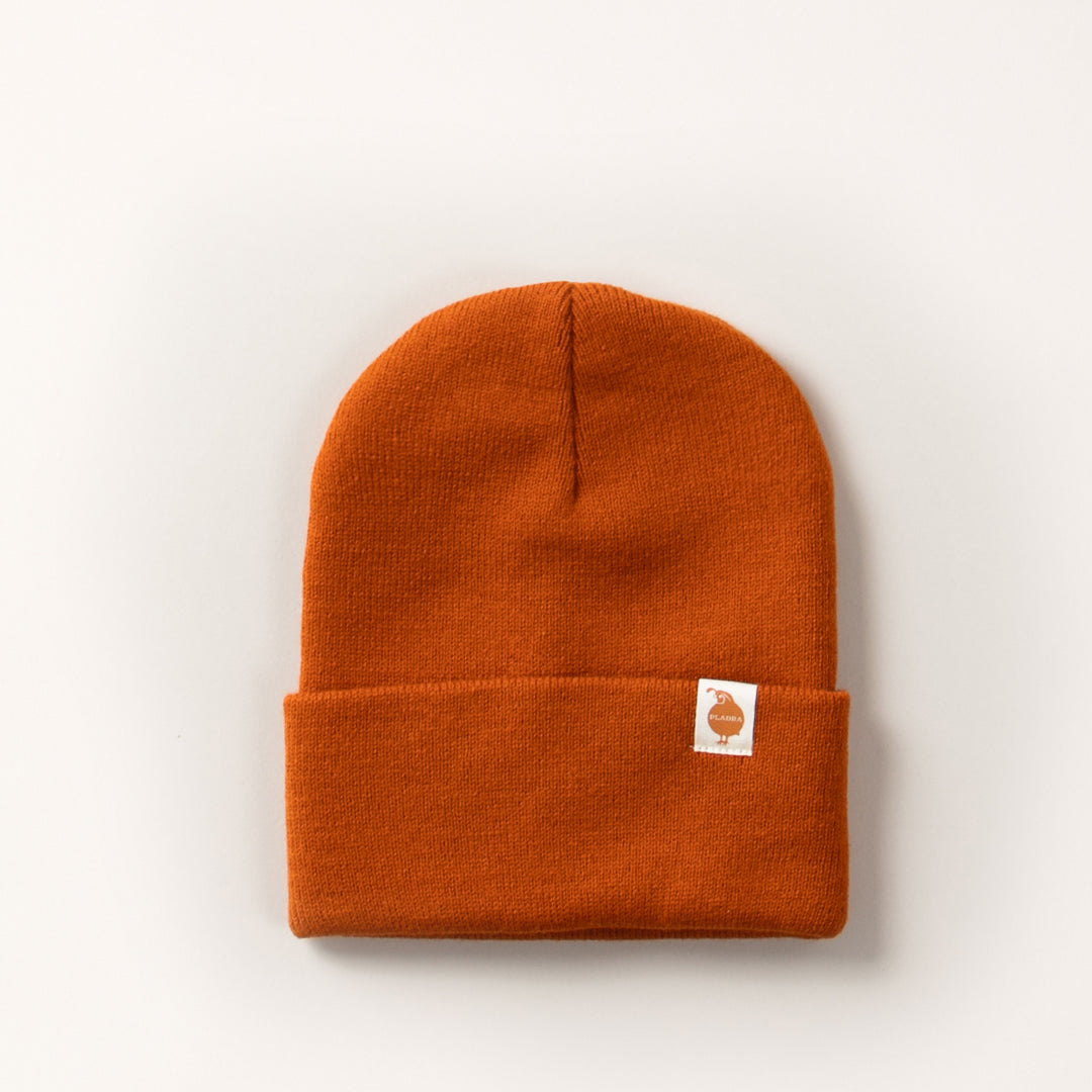 Pladra Stretch Cuff Beanie in burnt orange with folded brim and front white patch featuring an orange graphic.