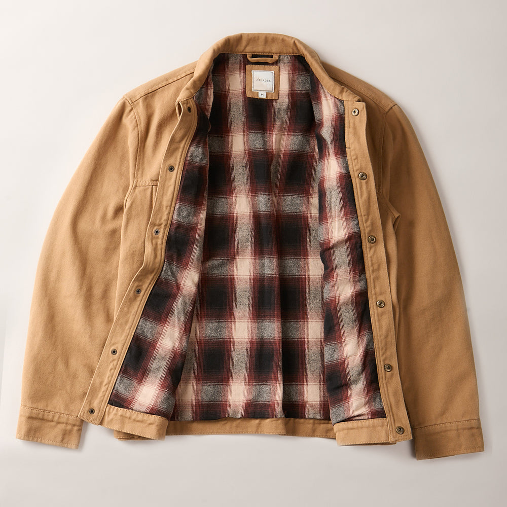 Pladra Men's Sequoia Jacket in Tobacco Brown, with front snaps and red, black, and white plaid flannel lining.