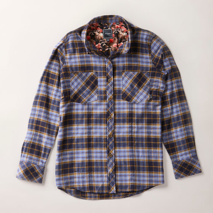 Plaid shirt with floral lining on a light gray background
