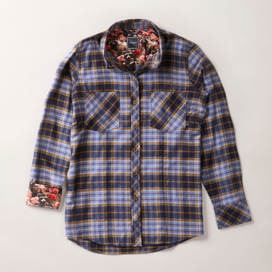 Plaid shirt with floral patterns on collar and cuffs against a white background