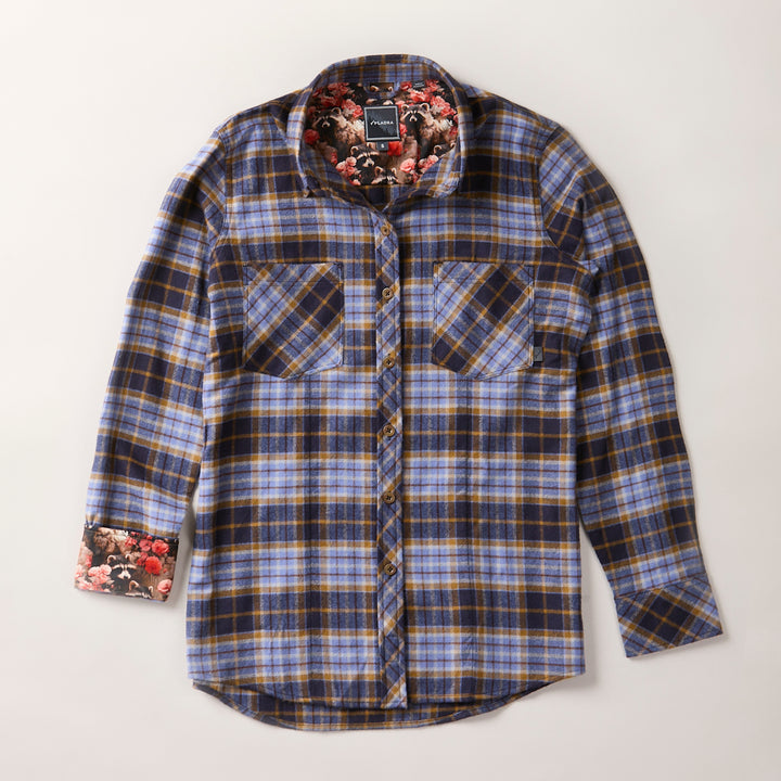 Plaid shirt with floral patterns on collar and cuffs against a white background