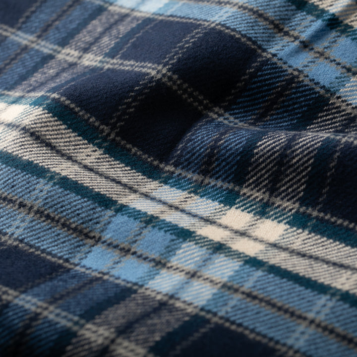 Close-up of Pladra Women’s Every Day Elite Flannel Shirt in Bighorn Blue, featuring heavyweight cotton and soft texture.