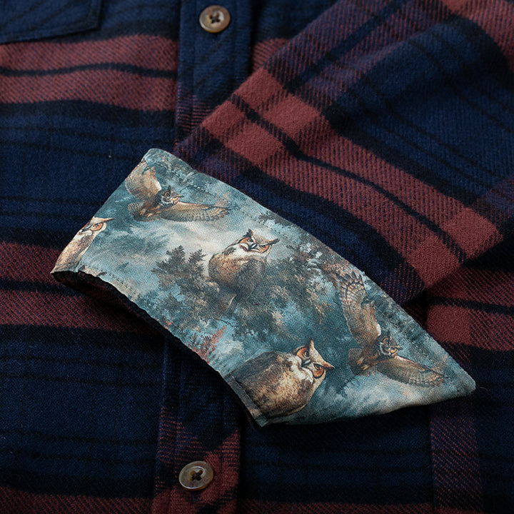 Pladra Women’s Every Day Elite Flannel Shirt in Farallon Blue, premium Portuguese flannel with owl and tree cuff detail.