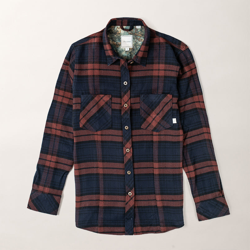 Pladra Women’s Every Day Elite Flannel Shirt in Farallon Blue plaid, long sleeves, two pockets, white left label.