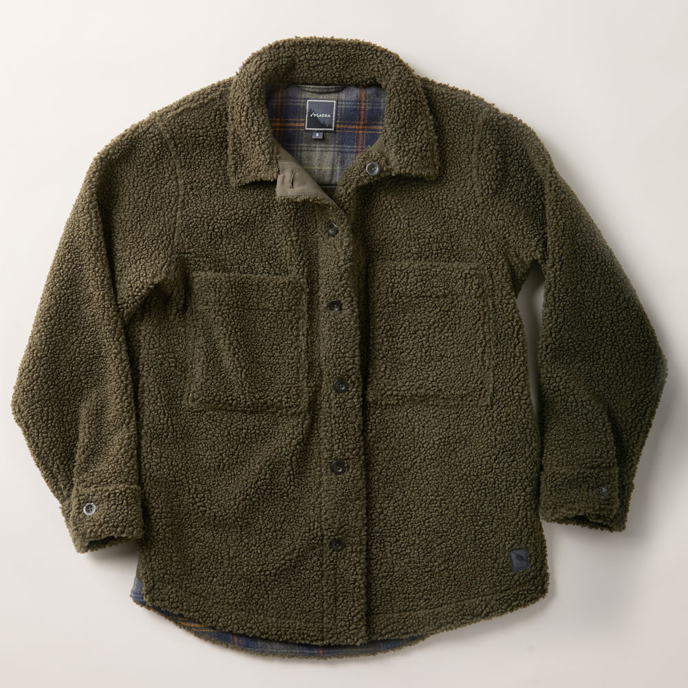 Pladra Women's Headlands Sherpa Shacket in Forest Green with plaid lining and chest pockets, laid flat on light background.