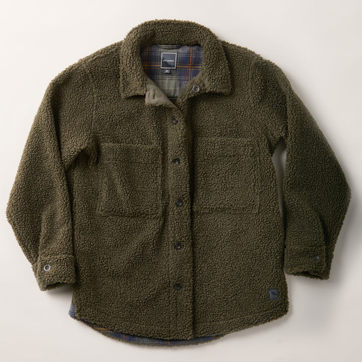 Pladra Women's Headlands Sherpa Shacket in Forest Green with plaid lining and chest pockets, laid flat on light background.
