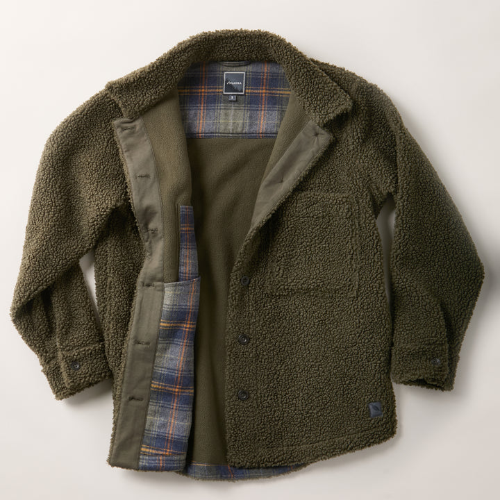 Pladra Women's Headlands Sherpa Shacket in forest green with cozy fleece and plaid flannel lining.
