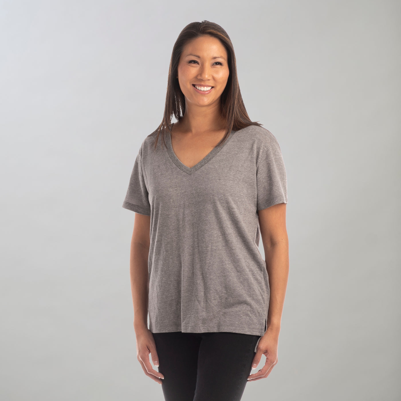 Women's V-Neck Tri-Blend Tee- Charcoal Grey Heather