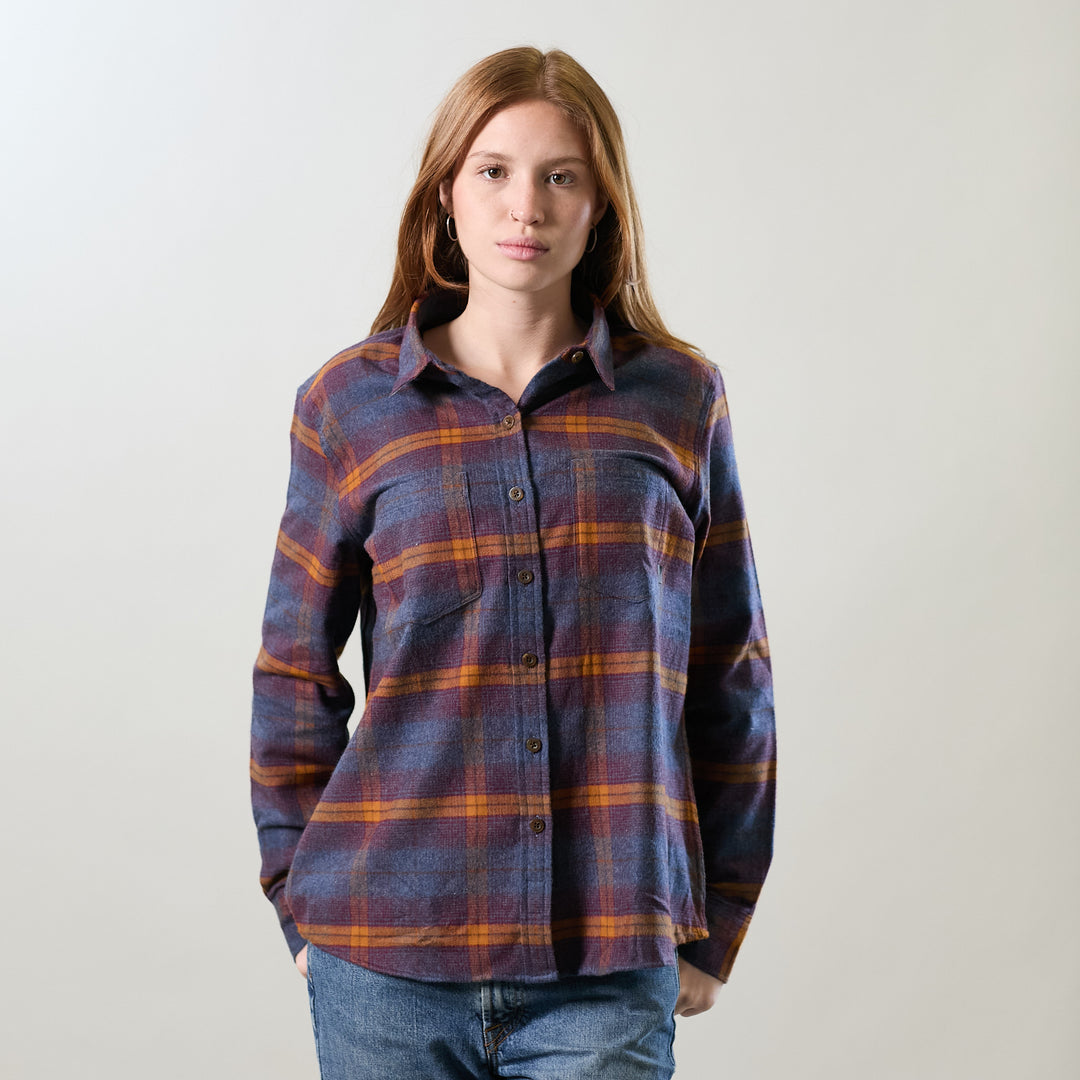 Model wears Pladra Women's Relaxed Every Day Flannel Shirt in Portsmouth Blue Heather, facing forward.