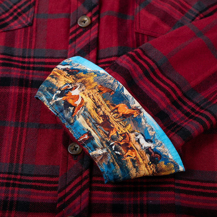 Pladra Women’s Every Day Flannel Shirt in Rogue Red—features cuff lining with vibrant horse art for unique style.