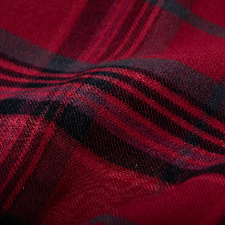 Close-up of Pladra Women’s Every Day Flannel Shirt- Rogue Red, showing its premium cotton plaid texture.