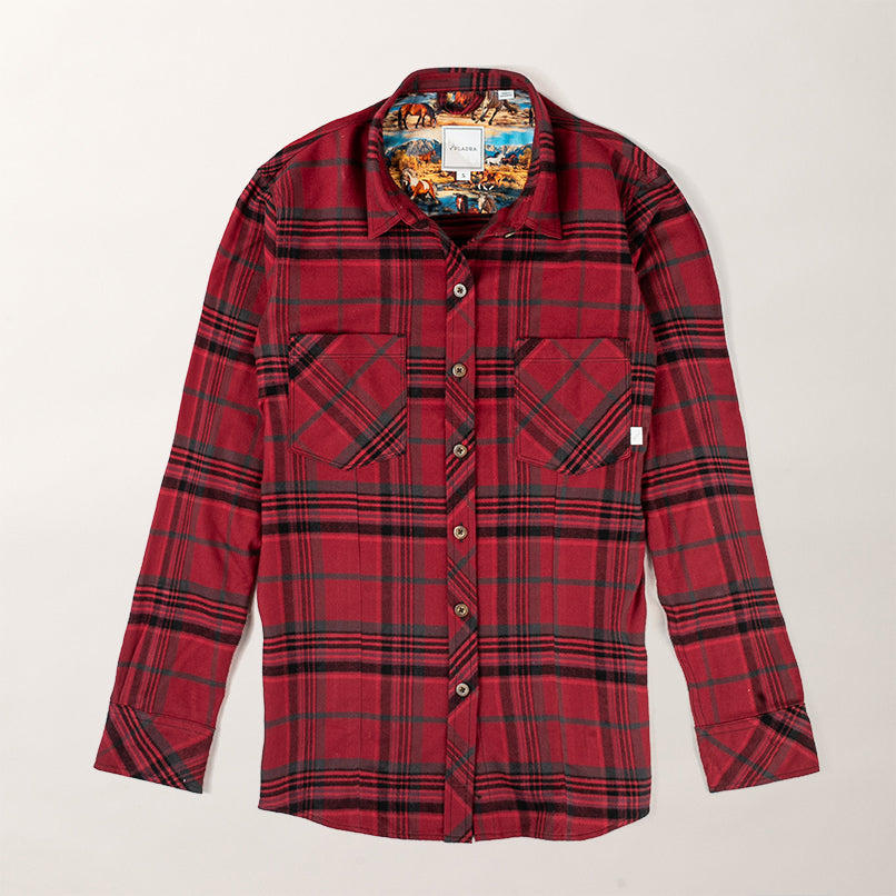 Pladra Women’s Every Day Flannel Shirt–Rogue Red, red plaid, two pockets, laid flat on a white background.