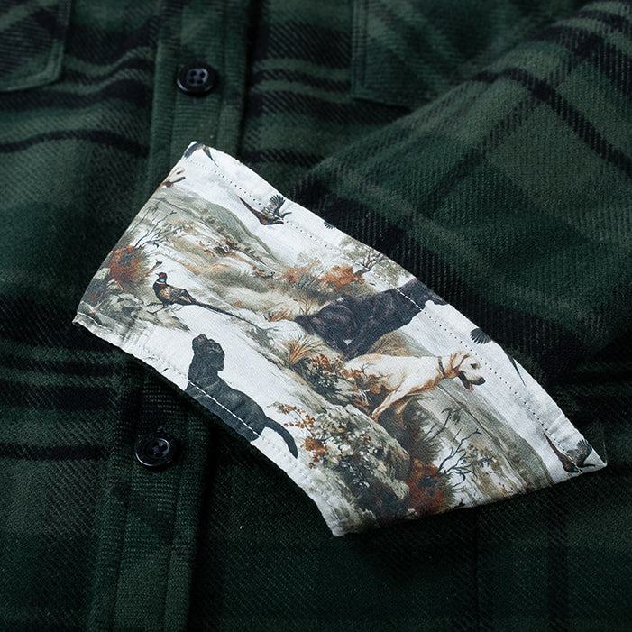Pladra Women’s Every Day Elite Flannel Shirt—True Green; cuffs reveal a fun dogs-and-outdoor print lining.